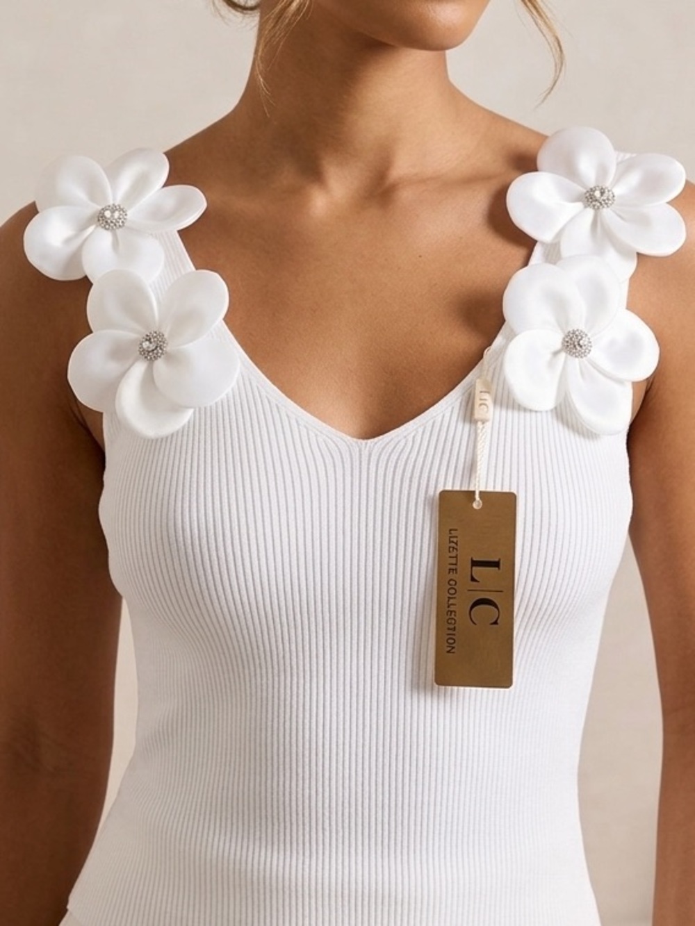 White Ribbed floral sleeveless top women's M